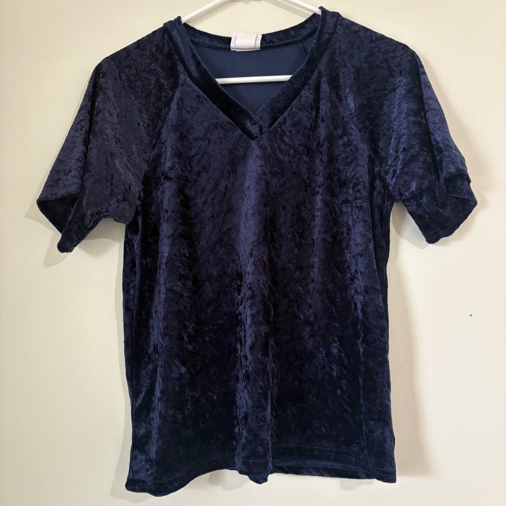 G.W Sport Navy Crushed Velvet V-Neck Top - Size Medium